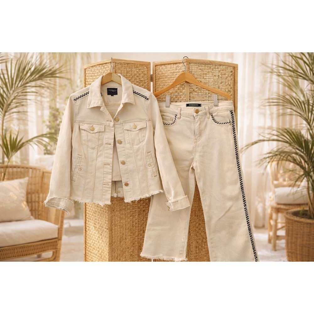 Liverpool Los Angeles Cream Denim Jacket & Jeans Set Women Sz 4 Small Raw Hem